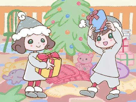 クリスマスツリーのある部屋 クリスマス,クリスマスツリー,12月,冬,部屋,子供部屋,プレゼント,和気あいあい,楽しい,くまのイラスト素材