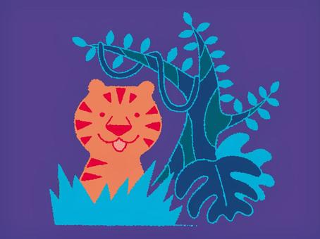 夜のジャングルと虎 ジャングル,森,森林,蝶,葉っぱ,植物,虎,タイガー,トラ,動物のイラスト素材