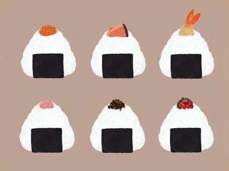 おにぎりイラストセット おにぎり,おむすび,梅,しそ,昆布,明太子,天むす,鮭,いくら,のりのイラスト素材