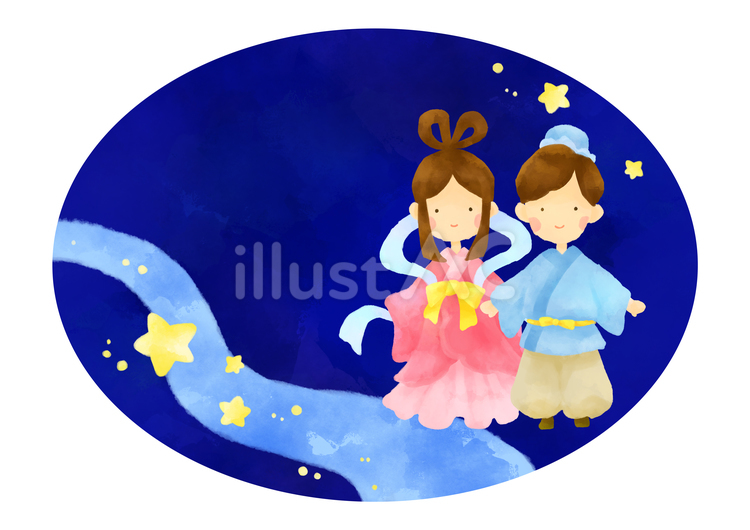 七夕の夜に出会う織姫と彦星の水彩イラスト 七夕,織姫,彦星のイラスト素材
