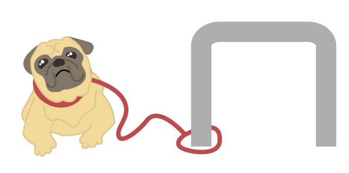 リードにつながれて主人を待っている犬 ブルドック,リード,首輪,留守番,うるうる,待機中,車止め,ポール,アーチ型,バリカーのイラスト素材