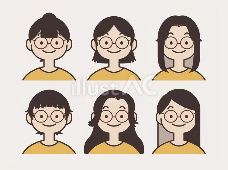 メガネをかけた6人の女性 眼鏡,女性,顔のイラスト素材