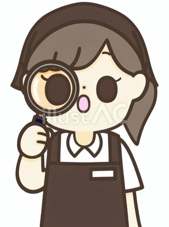 虫眼鏡を覗く女性店員 女性,店員,スタッフのイラスト素材