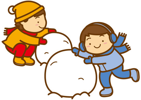 雪だるま作り-4c 雪玉,作る,雪遊び,転がす,子供,雪,マフラー,帽子,耳当て,ブーツのイラスト素材