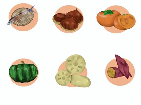 秋の食べ物 秋の味覚,食べ物,秋,秋刀魚,栗,柿,カボチャ,レンコン,サツマイモのイラスト素材