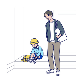 玄関で靴を履く園児と見守るお父さん 人物,親子,登園,園児,幼稚園,保育園,お父さん,男の子,子ども,通園のイラスト素材