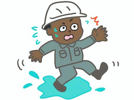 水たまりで滑りそうになる外国人労働者 転倒,災害,外国人,外人,労働者,ヒヤリハット,滑る,水たまり,危ない,作業服のイラスト素材