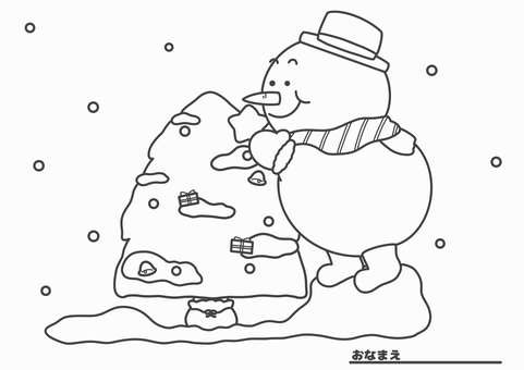 クリスマス　雪だるま塗り絵 クリスマス,雪だるま,スノーマン,ツリー,飾りつけ,雪,プレゼント,すず,線画,モノクロのイラスト素材