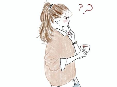 女性　疑問　はてな　ポニテ　考える 女性,ポニーテール,横顔,はてな,疑問,なぜ,不思議,謎,難しい,わからないのイラスト素材