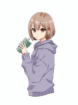 ジュースを飲む女の子 ジュースを飲む女の子 女の子,ジュース,カジュアル,ショートボブ,パーカー,ゆるい,休日,10代,20代のイラスト素材