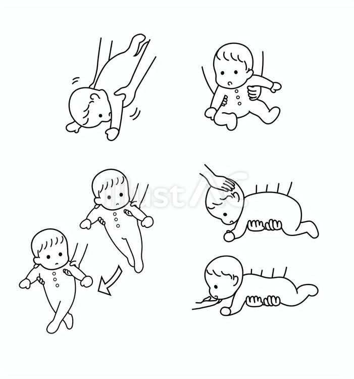 赤ちゃんの姿勢反射のイメージ【白黒版】 赤ちゃん,パラシュート反射,ランドー反射のイラスト素材
