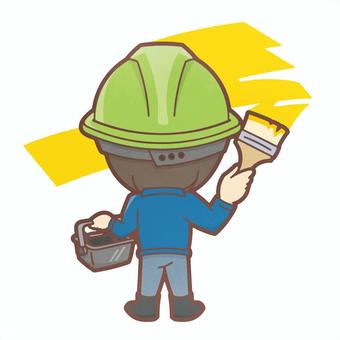 刷毛で塗料を塗る男性 男性,全身,デフォルメ,ペンキ,刷毛,ヘルメット,バケットのイラスト素材