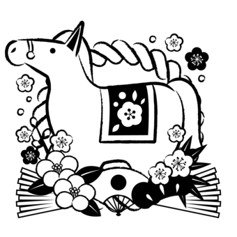 zodiac26115 馬,午年,しめ飾り,梅,扇子,椿,松,年賀状,花,和風のイラスト素材