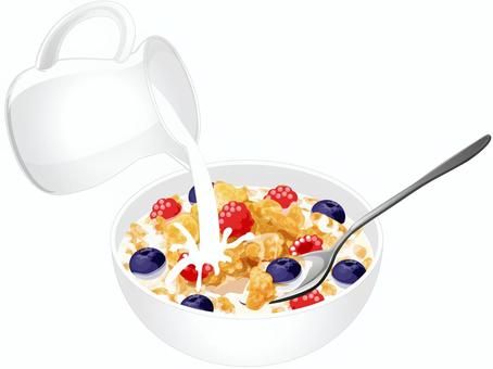 牛乳を注いだベリーのせコーンフレーク2 コーンフレーク,牛乳,ブルーベリー,ラズベリー,朝食,料理,食べ物,ウッドボウル,スプーンのイラスト素材