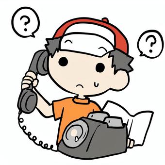 わからず黒電話をかける少年 小学生,黒電話,わからない,通話,話,家電,ダイヤル式,疑問,困る,汗のイラスト素材