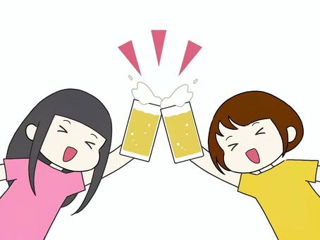 乾杯する２人 乾杯,ビール,2人,女子会,ビアガーデン,飲み会,泡,tシャツ,夏,ジョッキのイラスト素材
