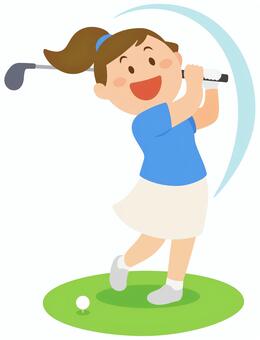 ゴルフスイング　女性（青） スイング,ゴルフ,ゴルファー,ティーショット,ナイスショット,軌道,コンペ,挿絵,アイコン,シンプルのイラスト素材