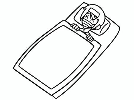 風邪をひいて寝込む人　イラスト　線のみ 人物,体調不良,風邪,布団,タオル,マスク,カゼ,熱,咳,冬のイラスト素材