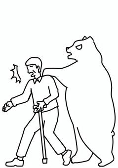 クマに襲われるおじいさん　線画 クマ,被害,害獣,男性,おじいさん,高齢者,杖,線画のイラスト素材
