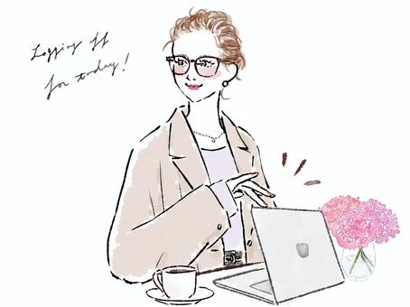 PCを開く/閉じるジャケットの眼鏡の女性 女性,pc,ビジネス,仕事,めがね,ジャケット,花,開く,閉じる,見上げるのイラスト素材