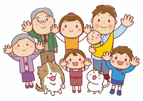 上を見上げる三世代家族＆ペットたち 三世代,三世帯,おじいちゃん,おばあちゃん,祖父母,孫,子供,見上げる,家族,上のイラスト素材