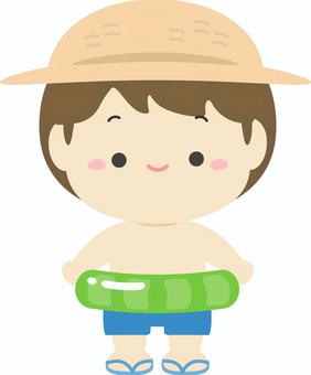 浮き輪と水着と麦わら帽子の子ども 夏,夏休み,子ども,人物,海,水着,浮き輪,海水浴,プール,小学生のイラスト素材