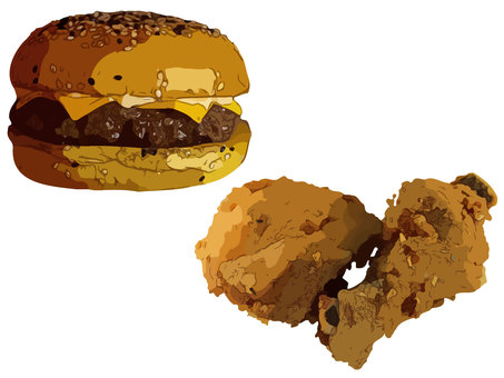 ハンバーガー、フライドチキンセット セット,ハンバーガー,フライドチキン,食べ物,ハンバーガーイラスト,フライドチキンイラスト,イラストセット,食べ物イラスト,ファストフード,ジャンクフードのイラスト素材