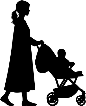ベビーカーと母親のシルエット ベビーカー,ママ,子育て,育児,幼児,赤ちゃん,外出,保育園,子ども,公園のイラスト素材
