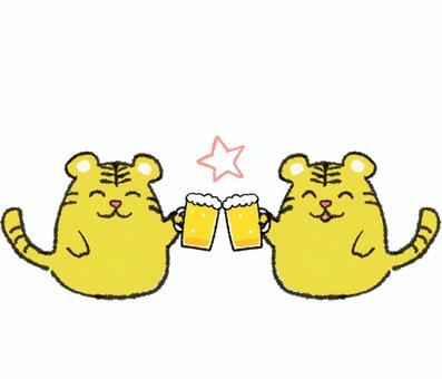 Illustration, tiger, cheers, beer, 