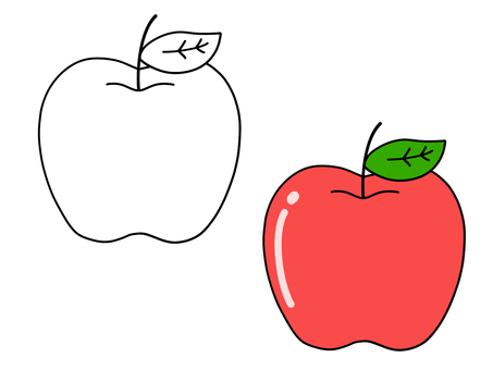 りんご 木の実,果実,赤い,林檎,色あり,色なし,葉っぱ,シンプル,手描き,線画のイラスト素材