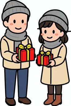 プレゼントを渡すグレーの男子女子です。 プレゼント,シンプル,渡す,ギフト,贈り物,シーン,祝う,イベント,パーティー,クリスマスのイラスト素材