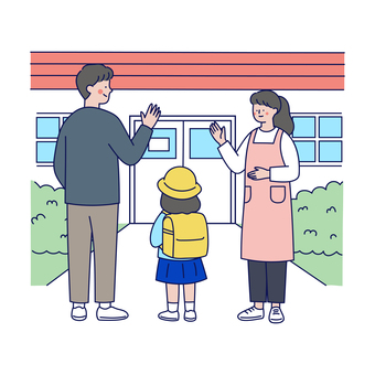 登園する幼児と保育士に挨拶する親 人物,親子,登園,園児,幼稚園,保育園,保育士,先生,お父さん,女の子のイラスト素材