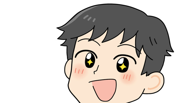 見切れイラスト・キラキラ　男性１ 喜ぶ,キラキラ,笑顔,期待,嬉しい,顔,どアップ,見切れる,男性,デフォルメのイラスト素材