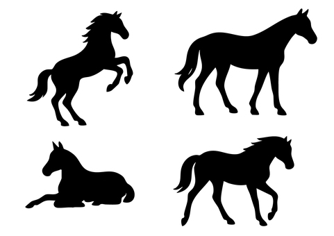 #3325馬　立つ・歩く・走る・座る 馬,シルエット,動物,哺乳類,干支,午年,乗馬,牧場,競馬,ポニーのイラスト素材