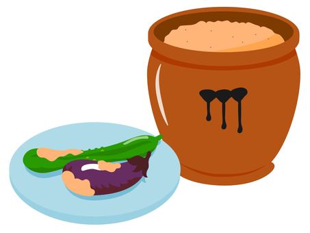 常滑焼の甕に入ったぬか床とぬか漬け ぬか床,ぬか漬け,きゅうり,茄子,漬物,野菜,かめ,壺,常滑,常滑焼のイラスト素材
