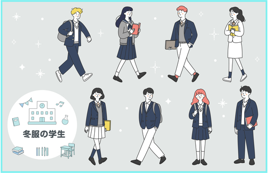 冬服の学生生活イラストセット 学生,高校生,中学生,制服,長袖,ブレザー,ニット,セーター,登校,読書のイラスト素材