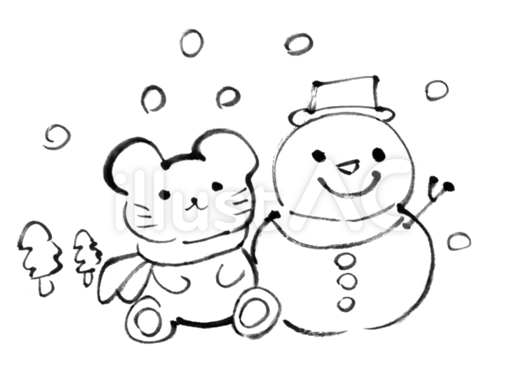 ねずみと雪だるま１ ねずみ,雪だるま,モノクロのイラスト素材