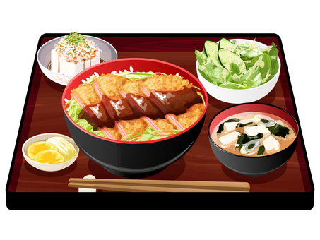 ソースハムカツ丼定食 ソースハムカツ丼,親子丼,定食,料理,食べ物,丼物,ハムカツ,ソース,キャベツ,味噌汁のイラスト素材