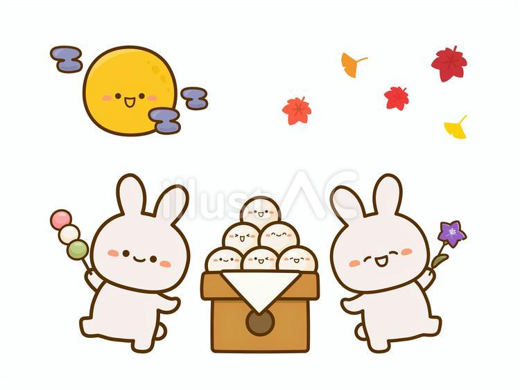 お月見のうさぎと月と月見団子のセット お月見,月見,月見団子のイラスト素材