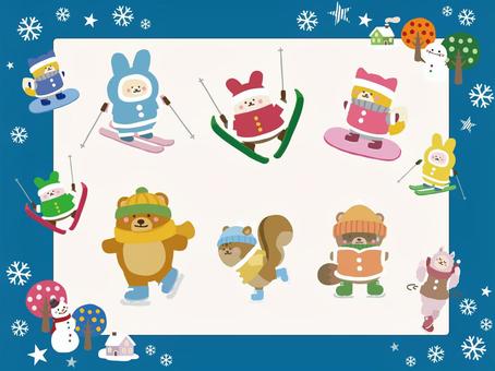 動物たちと冬のレジャー 動物,冬,スキー,スケート,スノーボード,ウインタースポーツ,レジャー,クマ,ウサギ,キツネのイラスト素材