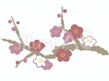 ちぎり絵風梅の枝、背景なし、ワンポイント