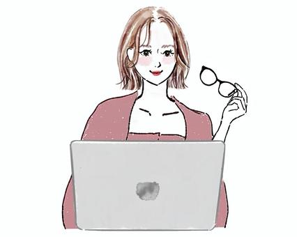 メガネ外し仕事するおしゃれボブ女性　PC 女性,メガネ,ボブ,pc,仕事,在宅,ノートパソコン,カーディガン,アンサンブル,作業のイラスト素材