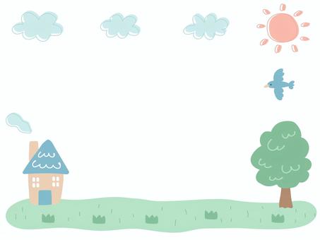 ゆるくて可愛いお家のフレーム 住宅,家,戸建て,木,フレーム,枠,背景,雲,太陽,自然のイラスト素材