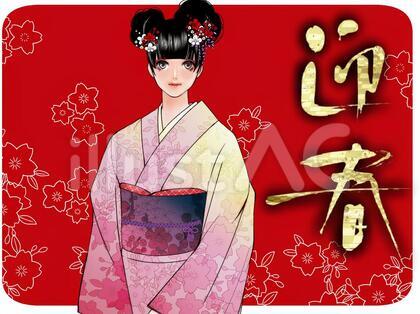 初詣に来た和服美少女、赤背景