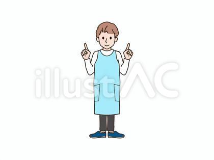 両手で指差すエプロンの男性_blue