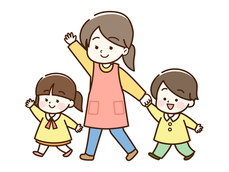 男の子と手を繋ぐ女性と女の子_カラー 子供,女性,男の子,女の子,園児,幼児,母親,主婦,付き添い,保護者のイラスト素材