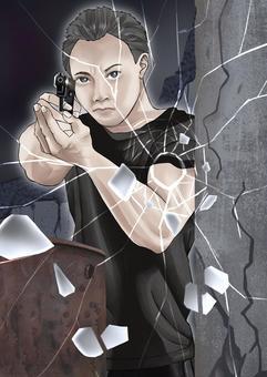 男性イラスト 男性,銃,ガラス,割れる,人物のイラスト素材