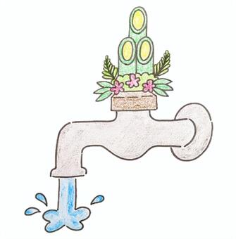 水道門松 水道,門松,新年,元旦,年賀状,年賀状素材,あけましておめでとう,アナログ,手描き,クレヨンのイラスト素材
