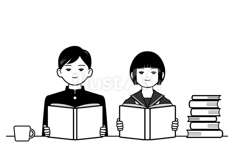本を読む男子学生と女子学生（白黒） 読書,男子,女子のイラスト素材