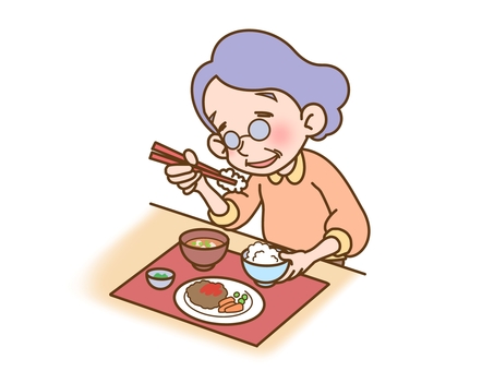 高齢者の食事風景 食事,高齢者,ご飯,料理,定食,白米,味噌汁,小鉢,ハンバーグ,人参のイラスト素材